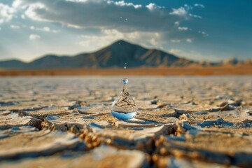 A small glass of water is sitting on a desert landscape. Water crisis concept - Powered by Adobe