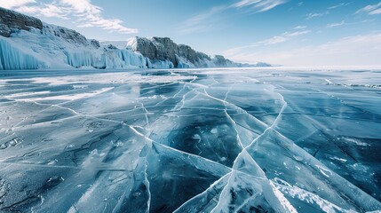 Baikal ice landscape, winter season, transparent ice with cracks on the lake , Generative ai,  - obrazy, fototapety, plakaty