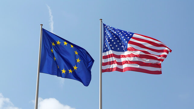 An image featuring the flags of the European Union and the United States of America side by side, waving in the breeze against a backdrop