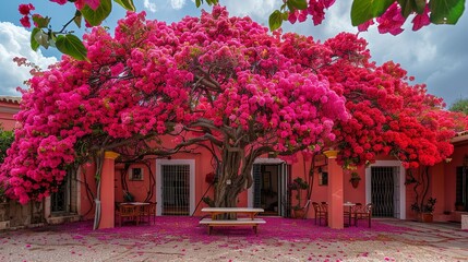 The giant bougainvillea tree in front of the house is full withe , pink, red,with many withe flowers ,many red flowers  - obrazy, fototapety, plakaty