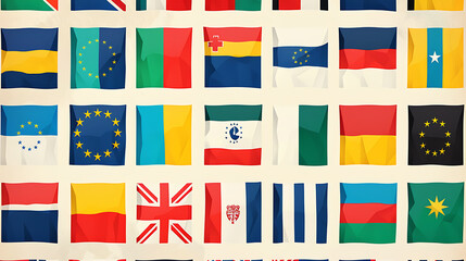 An image showcasing the flags of all 27 member countries of the European Union arranged in a grid pattern, with each flag represented in vibrant colors and accurate proportions. - obrazy, fototapety, plakaty