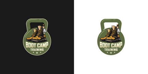 The illustrated logo concept features elements of boot camp, military, and fitness. The design incorporates a boot, dumbbell, barble gym and military-inspired imagery.
