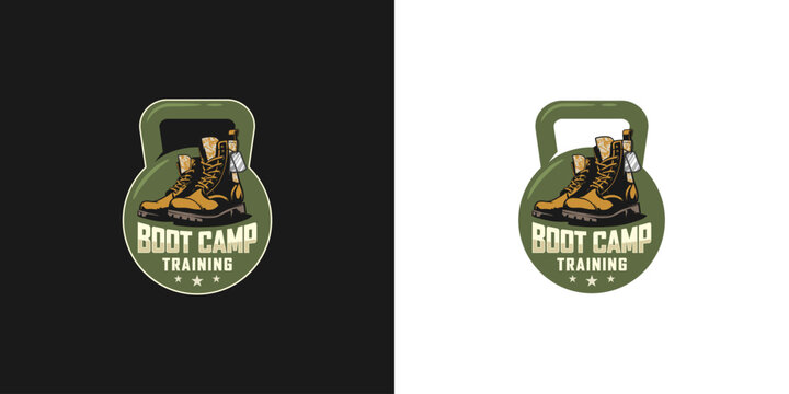 The illustrated logo concept features elements of boot camp, military, and fitness. The design incorporates a boot, dumbbell, barble gym and military-inspired imagery.