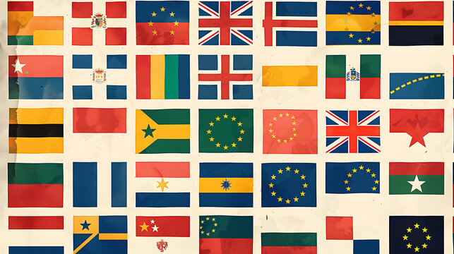 An image showcasing the flags of all 27 member countries of the European Union arranged in a grid pattern, with each flag represented in vibrant colors and accurate proportions.
