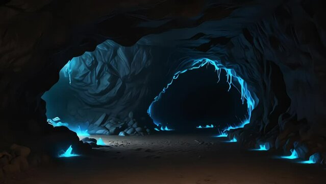 Mystical underground cave exploration with glowing ethereal blue light