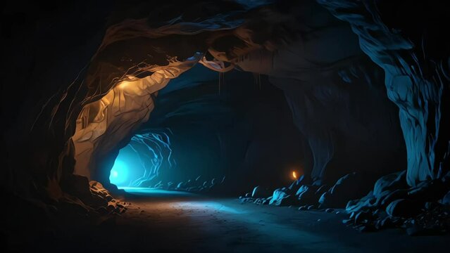 Mystical cave exploration with glowing ethereal blue light