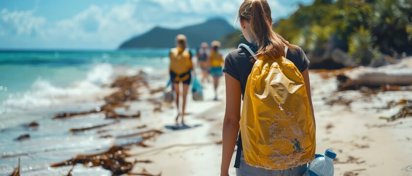 EcoVolunteer Adventures, depicting tourists engaged in environmental stewardship activities like beach cleanups and forest conservation, emphasizing their dedication to positive change in local destin