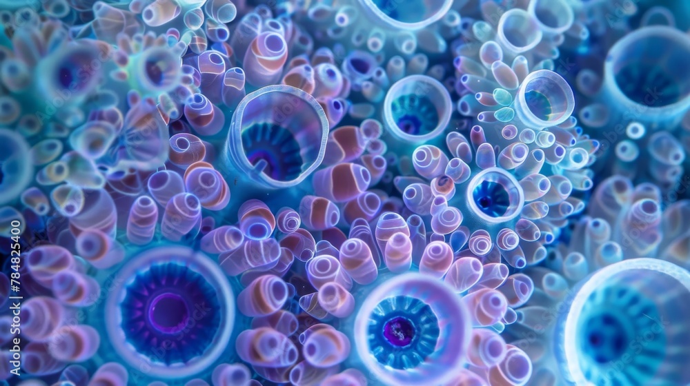 Poster a symmetrical pattern of interlocking circular algae cells resembling a mesmerizing kaleidoscope of 