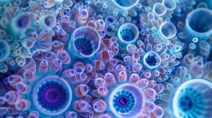 A symmetrical pattern of interlocking circular algae cells resembling a mesmerizing kaleidoscope of iridescent blues and purples.
