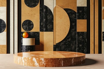 Stylish Round Table With Marble Base and Black Gold Design Wall