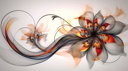 Abstract floral flourish in red, orange, gray and black