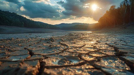 DroughtStricken Waterscapes, showcasing lakes and rivers significantly below their normal levels, highlighting the stark reality of water scarcity - obrazy, fototapety, plakaty