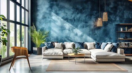Loft interior design of modern living room, home. Studio apartment with blue stucco wall. - obrazy, fototapety, plakaty