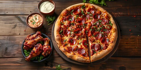 Fototapeta na wymiar Sizzling Pepperoni Pizza Garnished with Fresh Herbs alongside Sticky Barbecue Chicken Wings with Creamy Dips