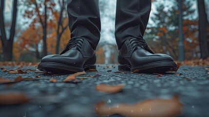 Low section of businessman walking on wet street during rain. Close up of male legs in brown boots