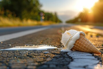 Fallen ice cream on the road. Ice cream melts on the asphalt. Heat stroke concept. Hot summer and...