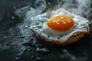 Fried chicken egg on a black textured stone surface. Backdrop with selective focus and copy space