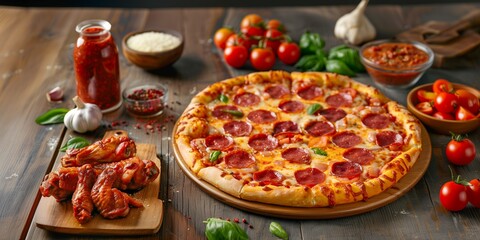 Homemade Pepperoni Pizza with Golden Crust and Tangy Wings Amidst a Spread of Italian Cooking Essentials