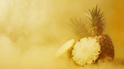 Pineappel cut in half, soft yellow smog background