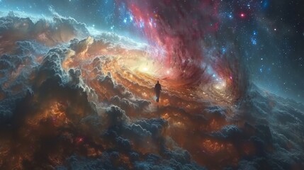 A persons projected consciousness traveling through a portal of light towards distant planets and galaxies.