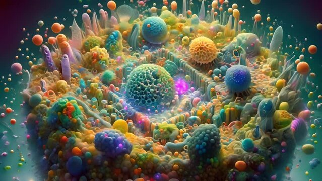 A vivid AI-generated depiction of the bustling activity and complex structures within a living cell