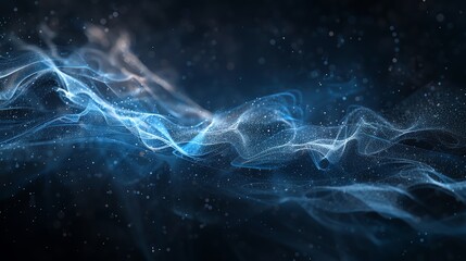 Digital communication flow, side view, bright lines weaving through dark space, hints of electric blue
