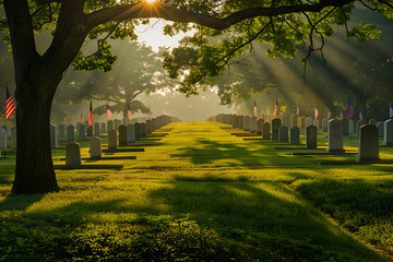 Sunrise beams through trees onto a serene military cemetery with American flags. Memorial Day. - obrazy, fototapety, plakaty