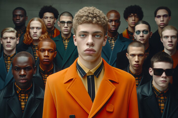 Diverse male models in teal and orange stand in a group portrait with a focused individual in foreground.