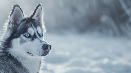 Naklejka premium A stunning image capturing the beauty and grace of a Siberian Husky, standing amidst a backdrop of snow-covered wilderness