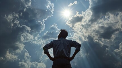 Obraz premium In this portrait the meteorologist is depicted in a moment of transition. They stand with their hands on their hips looking up at the sky as they observe the changing weather patterns. .
