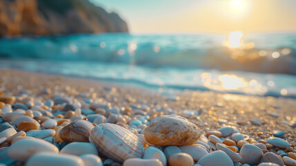 A beach with a few shells scattered on the sand - obrazy, fototapety, plakaty