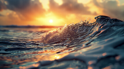 A wave in the ocean with the sun setting in the background - obrazy, fototapety, plakaty