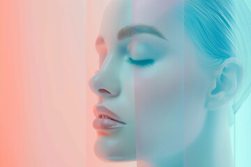 Obraz premium A serene image depicting a female figure in gradient blue hues with soft tonal transitions and minimalist aesthetic.