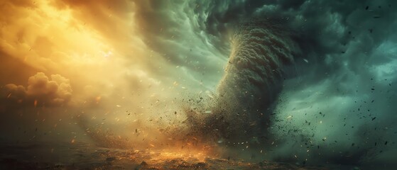 Cyclones Dance, illustrating the terrifying beauty of a tornado in motion, its spinning column of air displaying a deadly ballet of wind and debris - obrazy, fototapety, plakaty