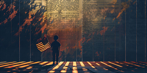 Young child pays homage to fallen soldiers at a war memorial as daylight fades. Memorial Day - obrazy, fototapety, plakaty