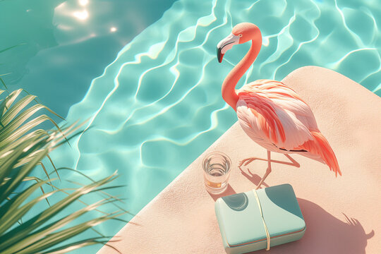 Illustrative depiction of a flamingo alongside pool items, basking under sunlit palm shadows.