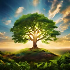 Radiant sun shines upon a flourishing tree, symbolizing harmony with our eco-friendly world