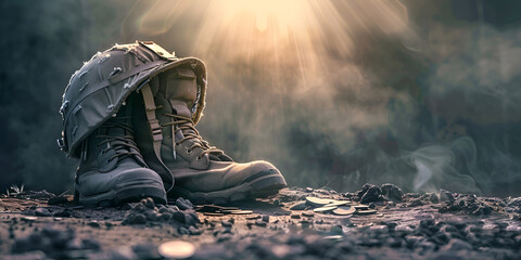 Military boots and helmet backlit by a poignant sunbeam, symbolizing sacrifice and honor.