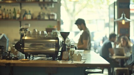 Hazy view of a bustling cafe with baristas moving swiftly behind the counter customers chatting and laptops open on tables. .
