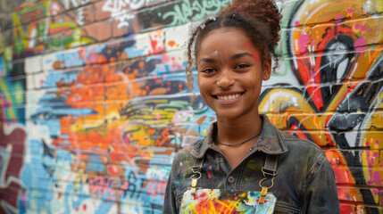 Before a graffiti-covered wall, a young artist of African descent proudly displays her latest mural
