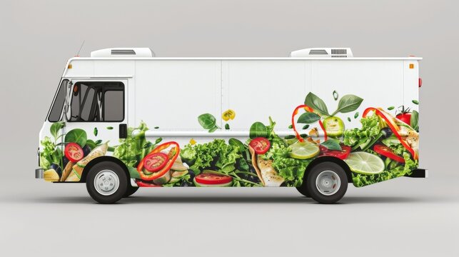 Blank mockup of a minimalist food truck wrap with a clean design and images of healthy salads and wraps. .