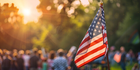 Patriotic scene with the US flag over a bokeh background of people. Memorial Day, copy space, banner, - obrazy, fototapety, plakaty