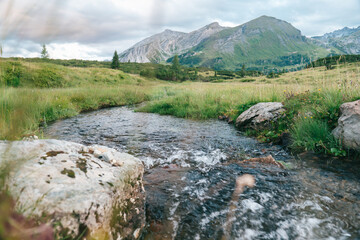 Mountain landscape. Mountain river, grass and mountains.Water flow. Beautiful mountain landscape. - 784829867