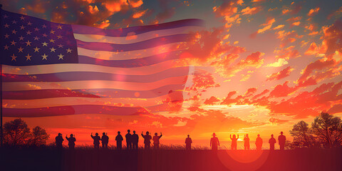 Patriotic sunset with American flag and group of people. Memorial Day. Copy space - obrazy, fototapety, plakaty