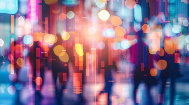 A blurry background of bright and colorful graphics overlaid with fuzzy outlines of people actively interacting with digital content capturing the essence of user engagement in the .