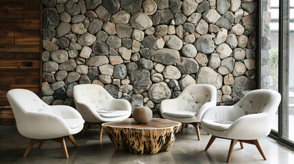 Four white armchairs near natural wood live edge
