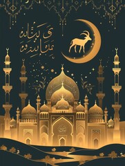 eid al adha mubarak bakrid festival with goat and mosque and copy space - generative ai