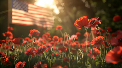 Obraz premium Red poppies and U.S. flag in a field, symbol of remembrance. Memorial Day