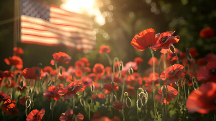 Red poppies and U.S. flag in a field, symbol of remembrance. Memorial Day