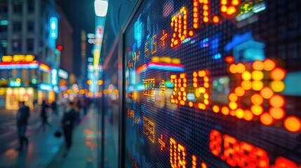 Obraz premium Stock market digital graph chart on LED display concept. A large display of daily stock market price and quotation. Indicator financial with buildings background